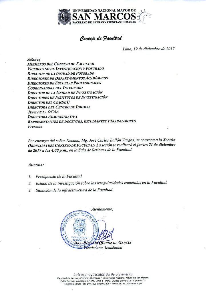 Sesión Ordinaria del Consejo de Facultad del 21.12.17