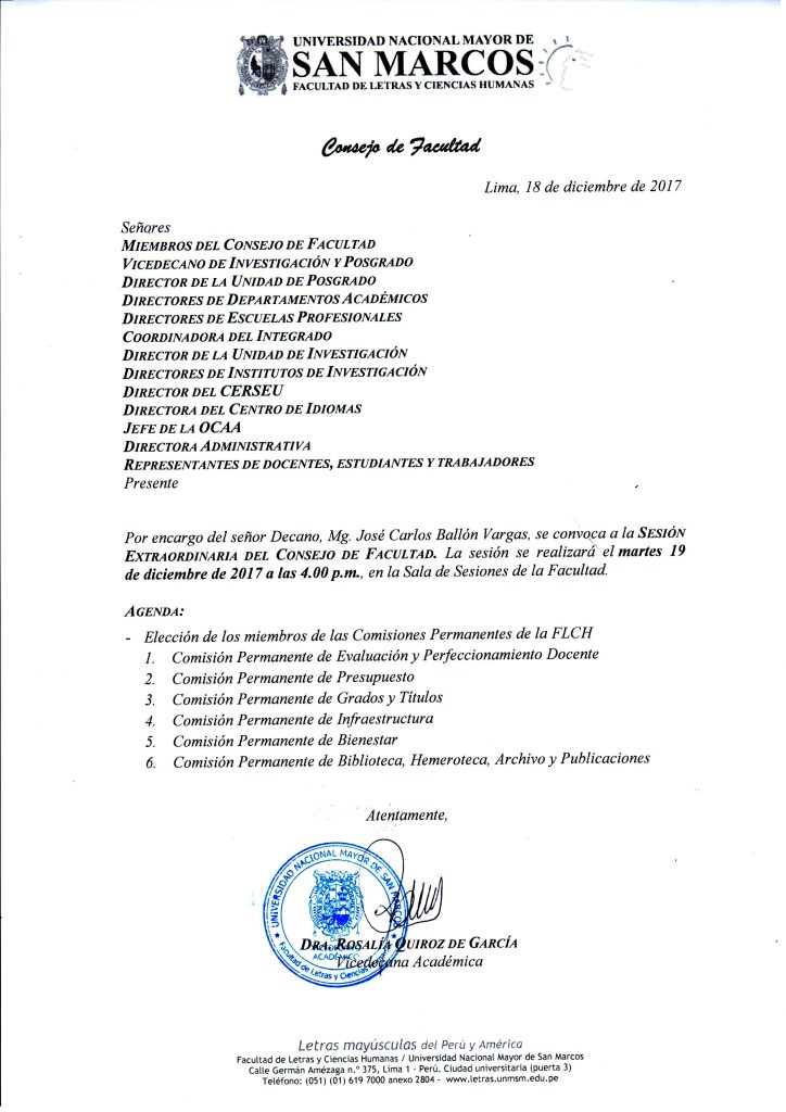 Sesión Extraordinaria del Consejo de Facultad del 19.12.17