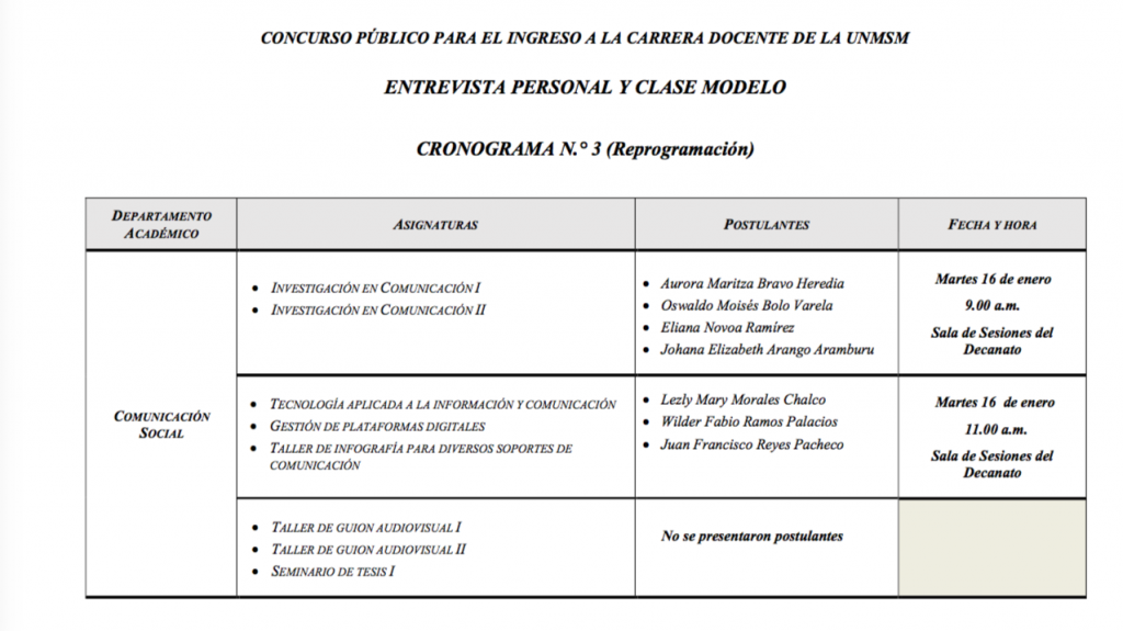 Reprogramación Cronograma No. 3 Entrevista Personal y Clase Modelo – Carrera Docente UNMSM