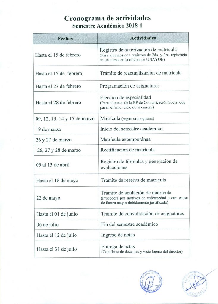 Cronograma de Actividades Semestre Académico 2018 – 1