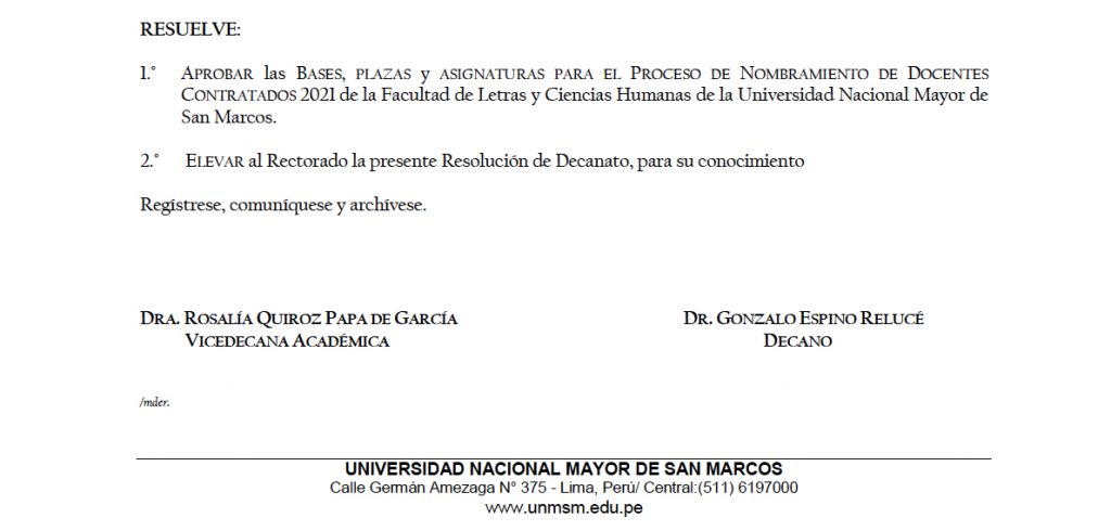 Bases, plazas y asignaturas para el proceso de nombramiento de docentes contratados 2021 de la Facultad de Letras y Ciencias Humanas de la UNMSM
