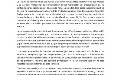 Pronunciamiento de la Facultad de Letras y Ciencias Humanas ante la opinión pública en torno a la sentencia emitida contra el periodista Cristopher Acostad y el editor Jerónimo Pimentel.