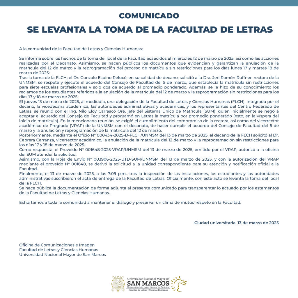 Se levanta la toma de la Facultad de Letras UNMSM