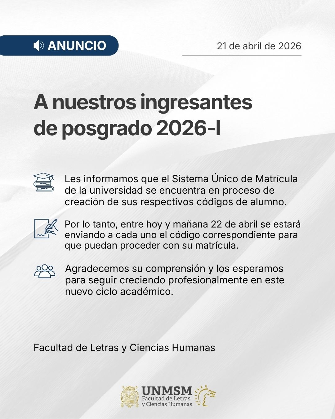 Anuncio para ingresantes de posgrado 2026-I